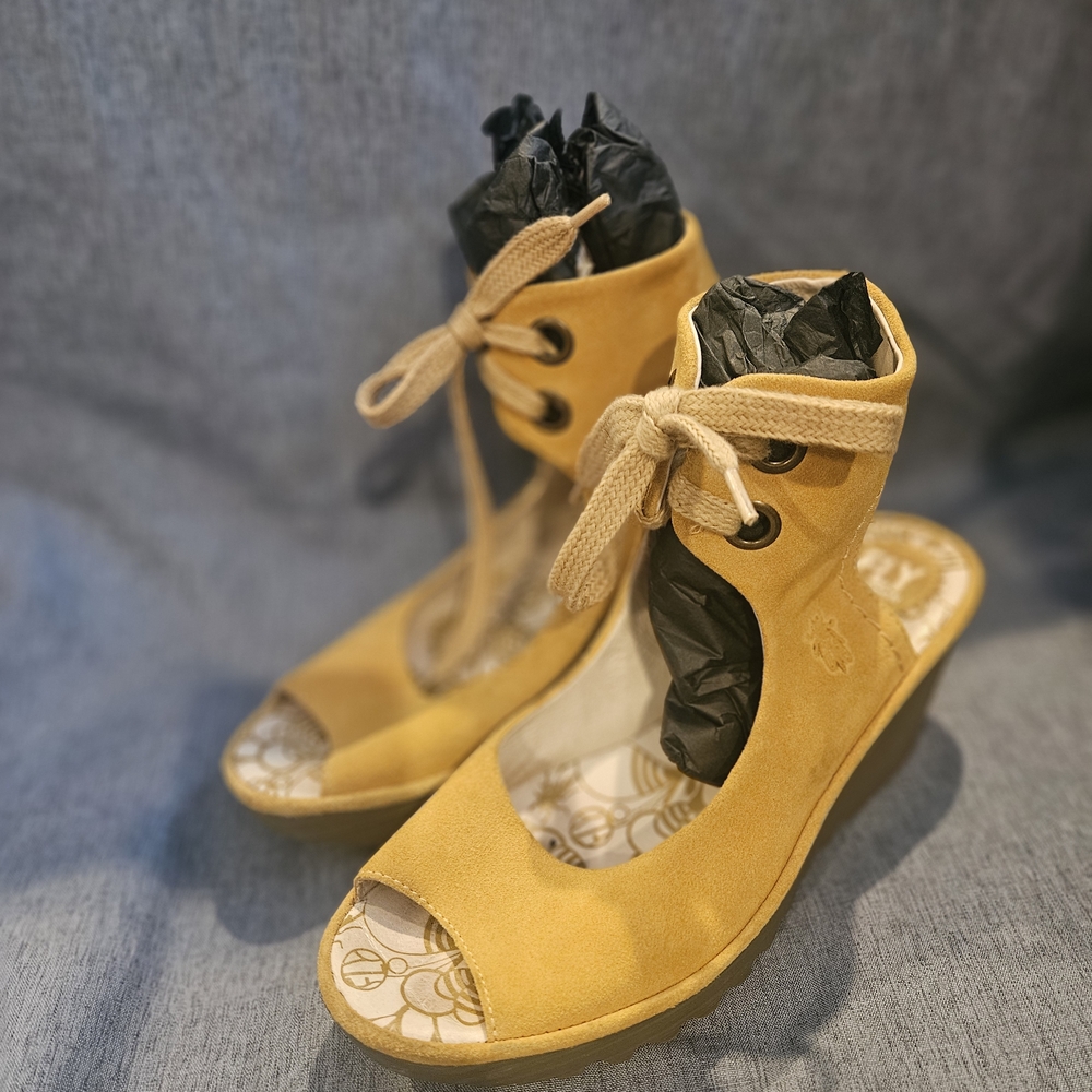 Fly London Yellow Lace-Up Wedges